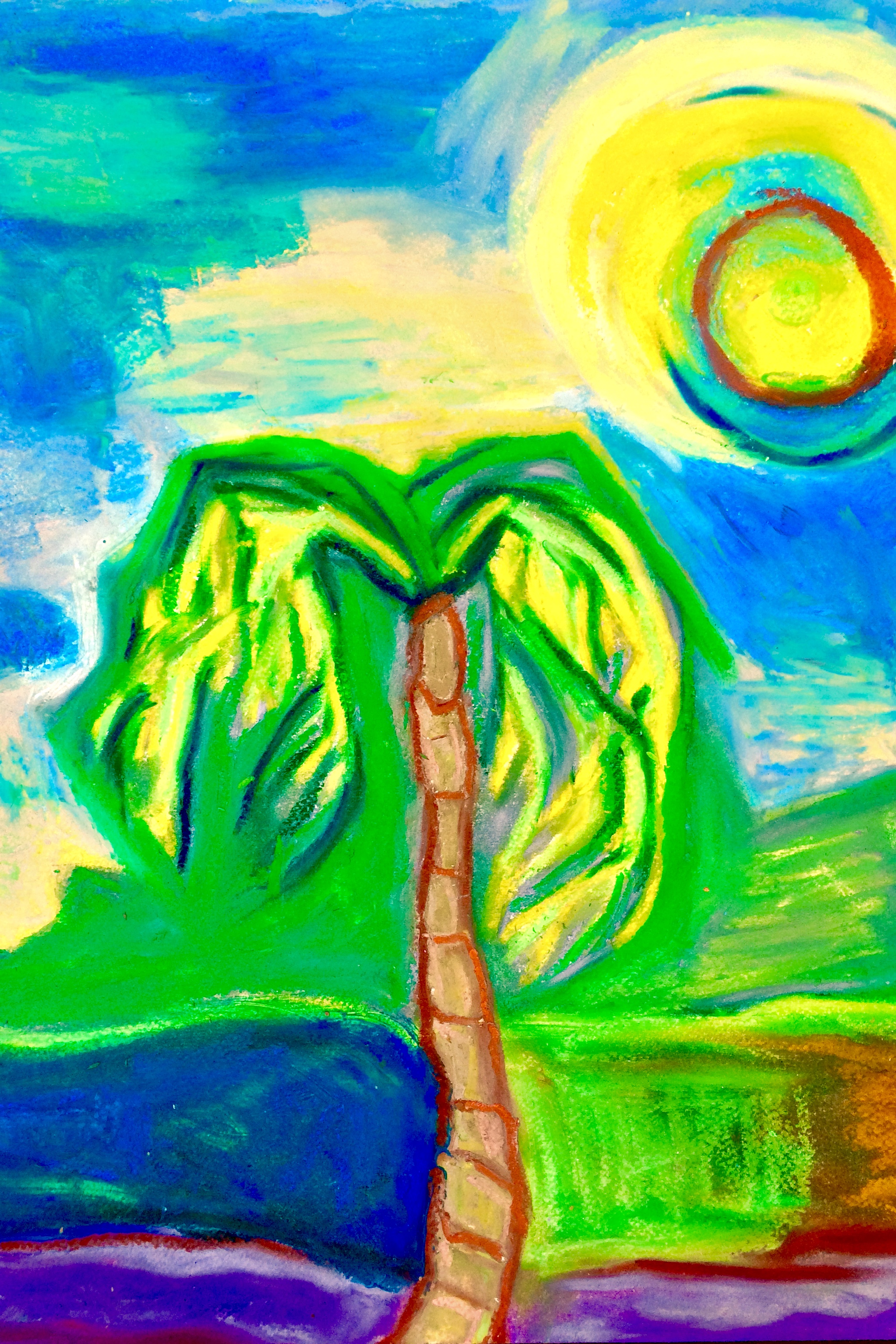 artwork of tropical scene with palm tree and sun