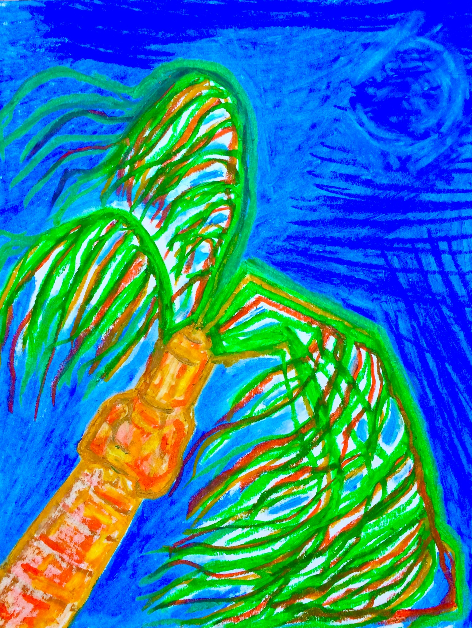 Blue sky oil pastel with palm tree