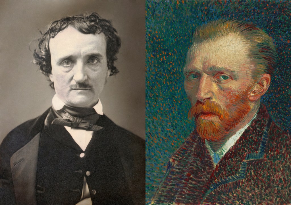 Vintage restored photo of Poe and Portrait painting of Van Gogh