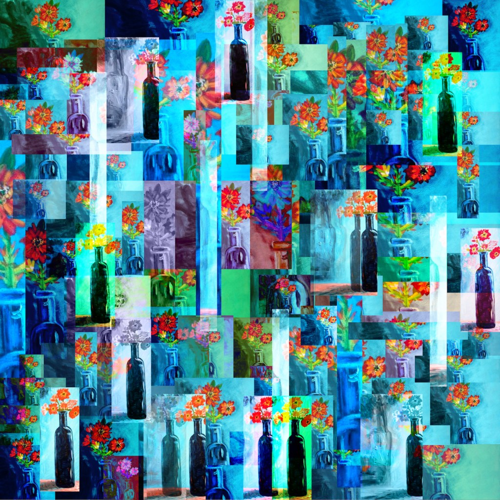 Blue Bottles Collage — tradigital artwork by Jay Mora-Shihadeh featuring a vibrant collage of cobalt-blue glass bottles and colorful flowers in layered, abstract compositions.