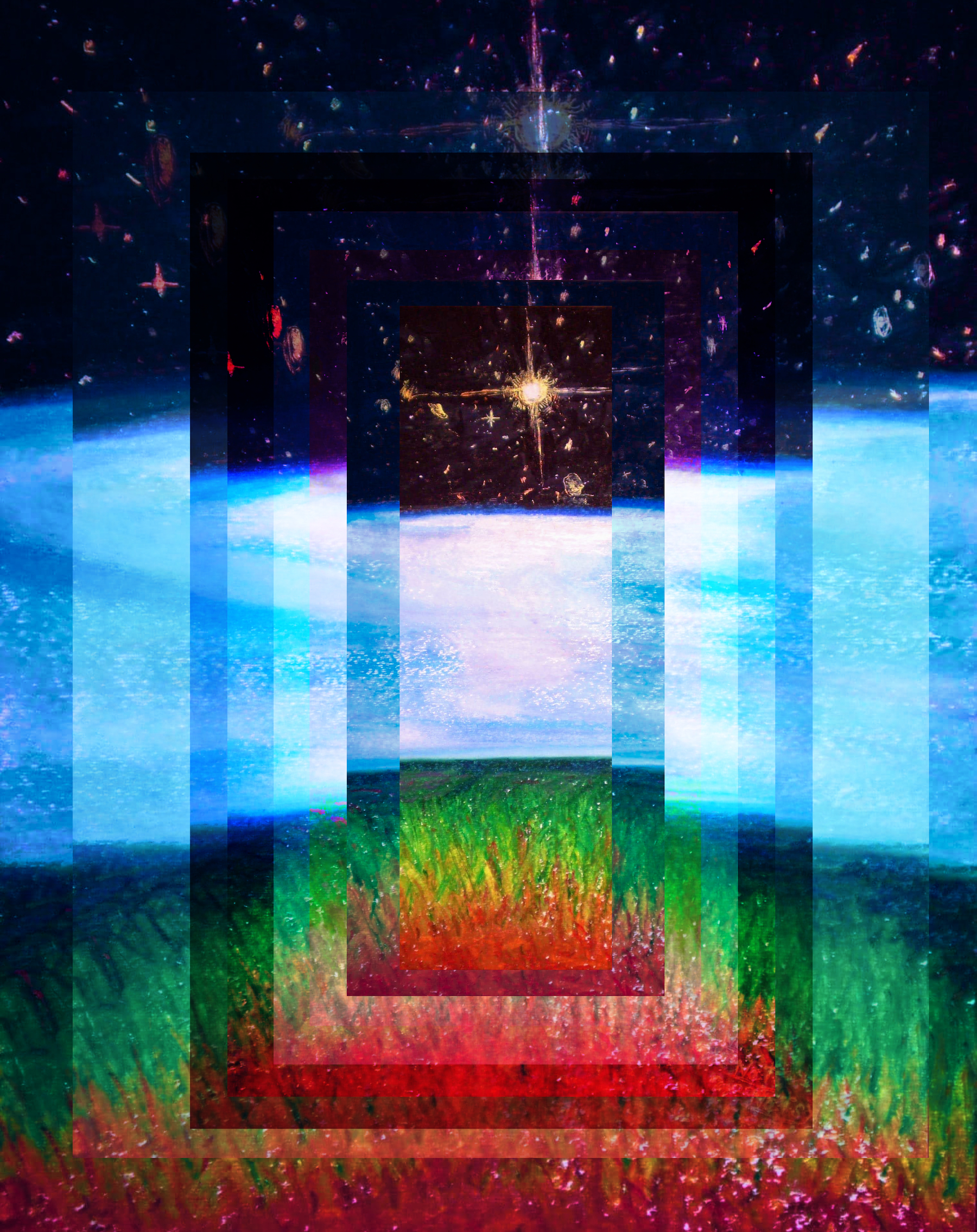 Universal Perspective — tradigital artwork by Jay Mora-Shihadeh featuring layered rectangular frames, a luminous cosmic star, glowing blue horizons, and a vivid green and red landscape.
