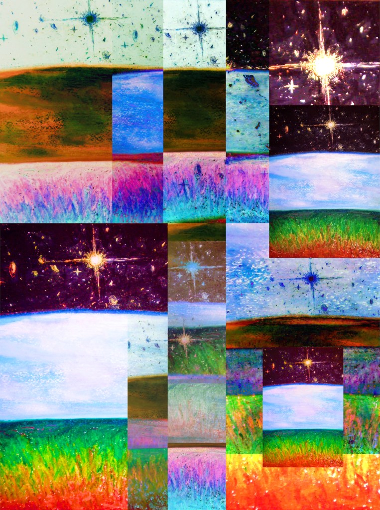 Universal Universe — colorful tradigital artwork by Jay Mora-Shihadeh featuring layered cosmic stars, luminous skies, and vivid abstract landscapes.